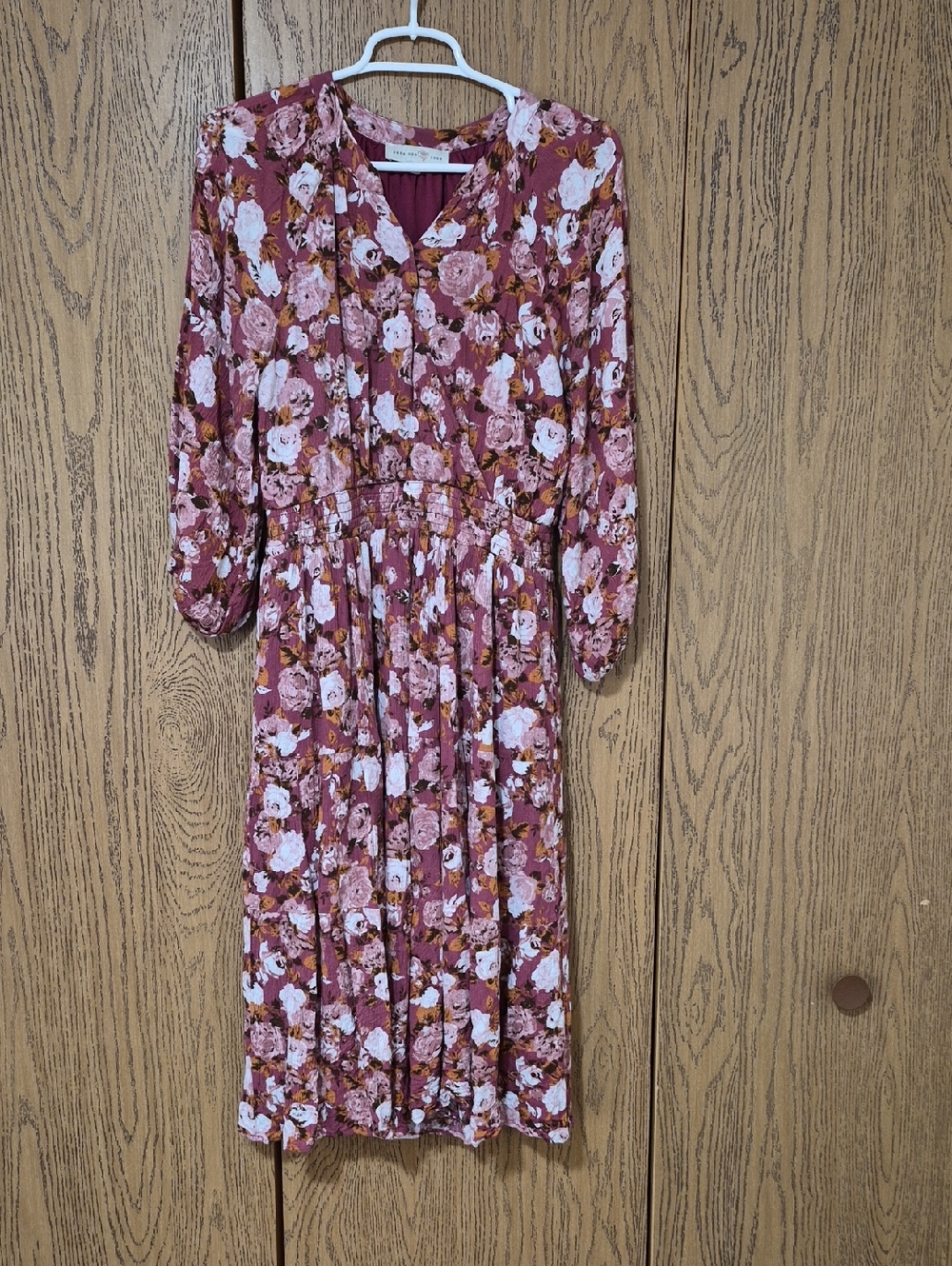 Penelope Rose Mauve White Pink Floral Summer Dress 3/4 Sleeves Size Medium